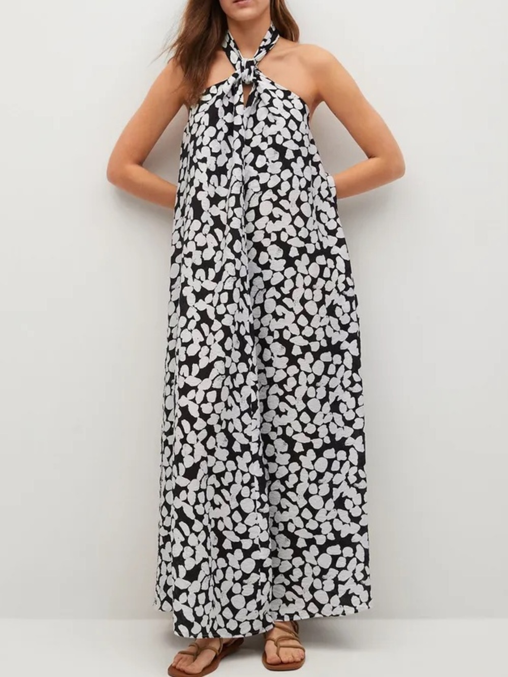 Mango Printed Halter Maxi Dress Black White Open Back Size S